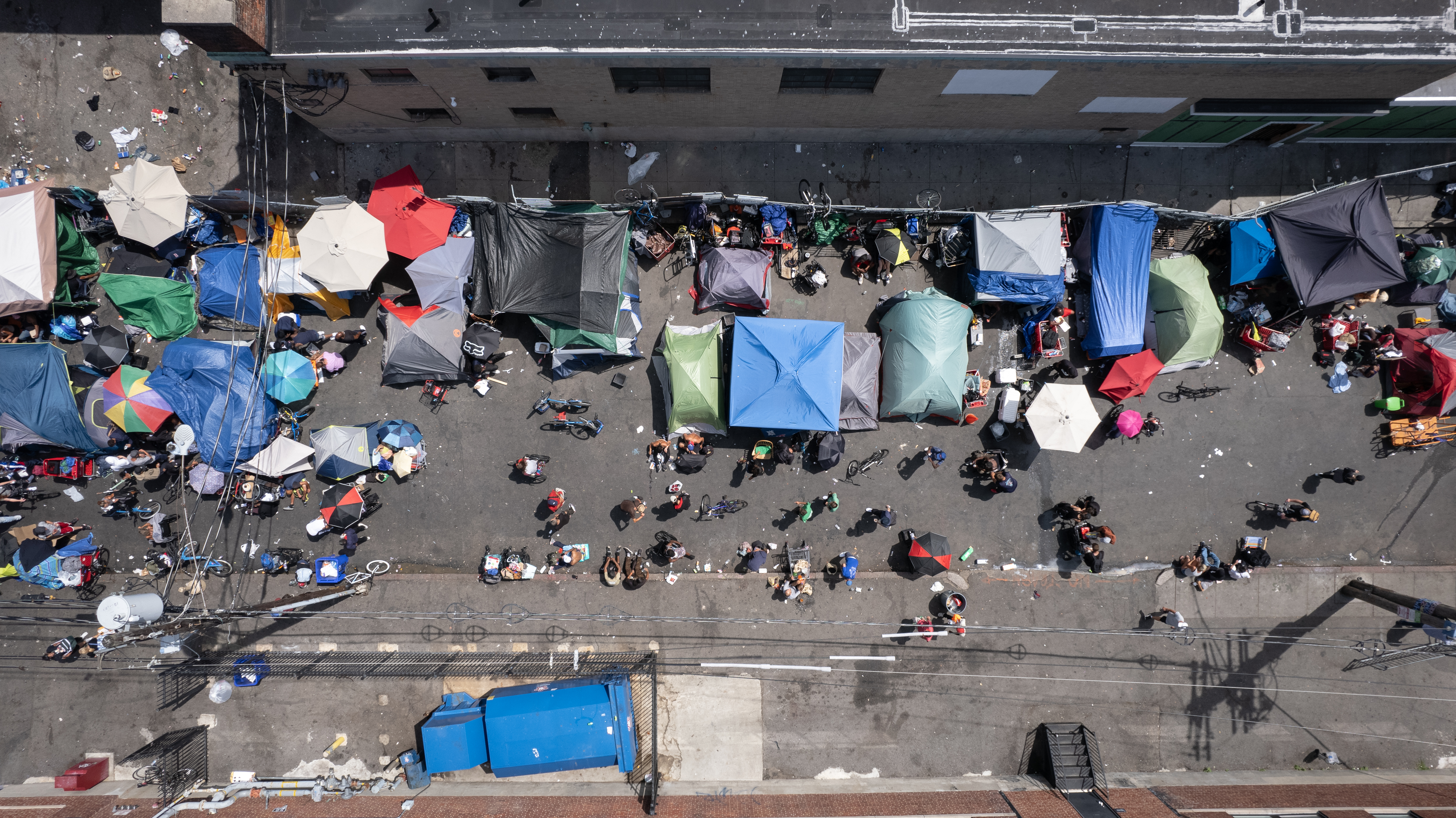 Aerial view of tent encampment on Atkinson Street, Mass & Cass